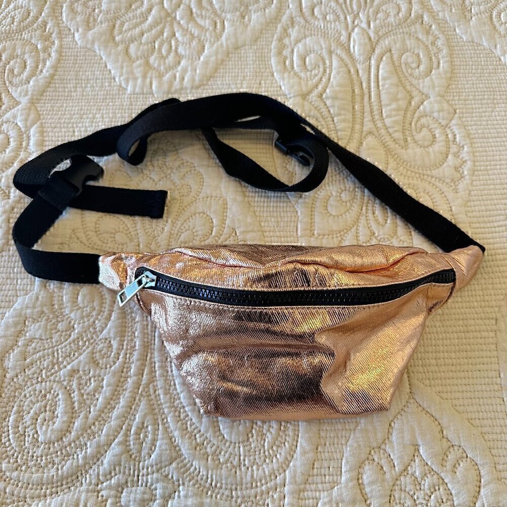 PLUS size fanny pack - rose gold metallic with black detail, extra long strap